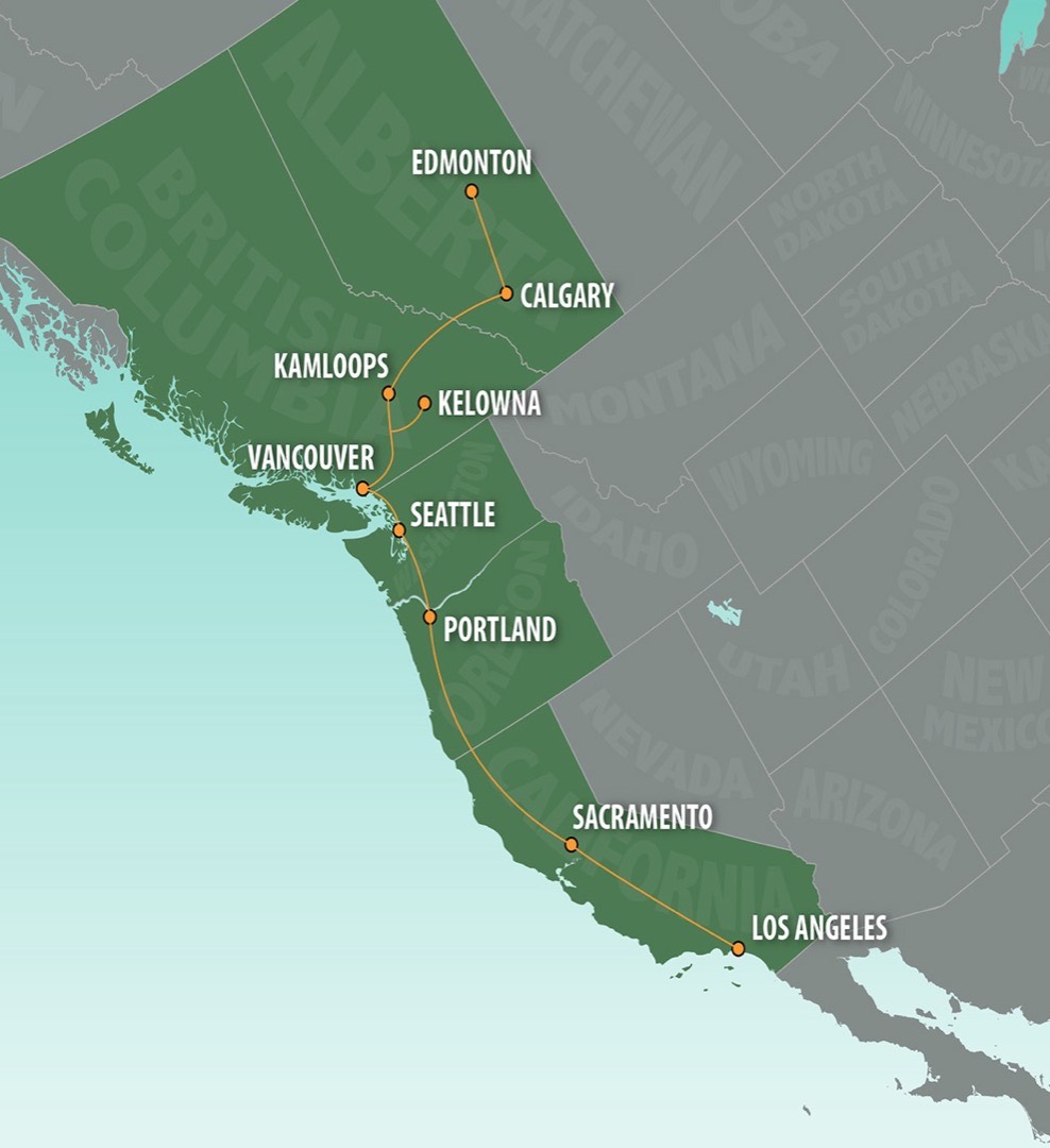 Service area map: British Columbia and Alberta south through Washington, Oregon and California to Los Angeles.
